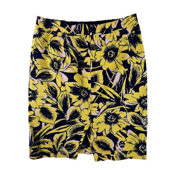 Yellow Navy Floral Pencil Skirt 00 | Knee Length Preppy Classic Chic Workwear - Picture 4 of 11